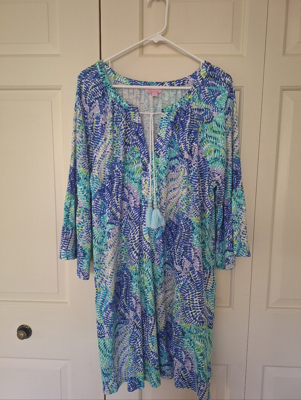 Lilly Pulitzer SZ XL - Blue, Aqua & Lavender Printed Tunic/Dres with Tassel Ties